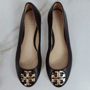 Tory Burch Black Flats with Gold Logo